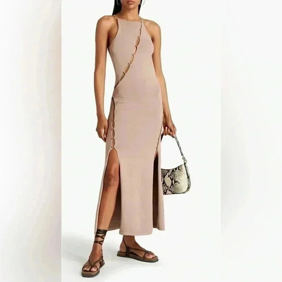 NICHOLAS Samara Cutout Midi Dress XS Stretch Knit Buttoned Split Hem Bodycon 0 2 - Picture 3 of 9